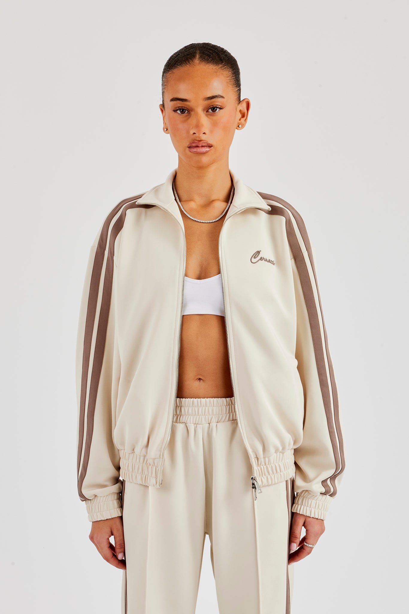 Funnel Neck Taupe Taping Zip Through Jacket - Off White
